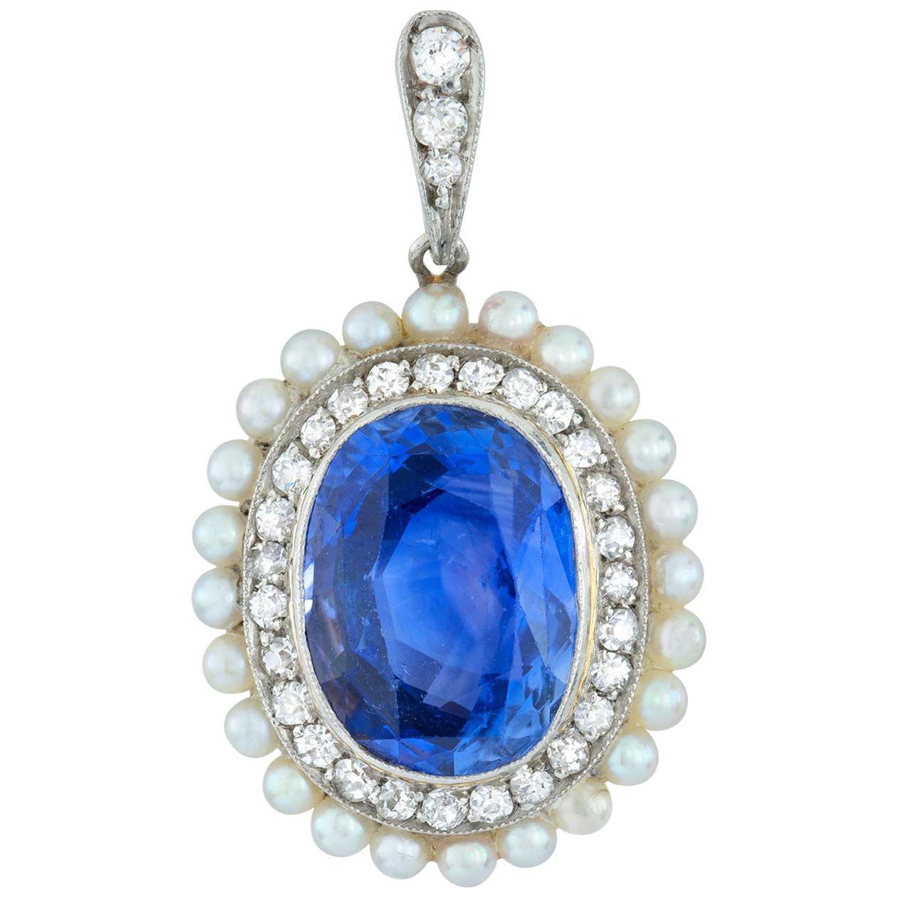 Edwardian Sapphire Diamond and Pearl Pendant For Sale