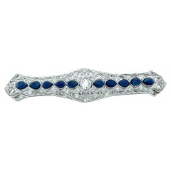 Edwardian Sapphire & Diamond Filigree Platinum Bar Pin