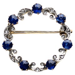 Edwardian Sapphire Diamond Gold and Silver Circle Brooch, Circa 1900