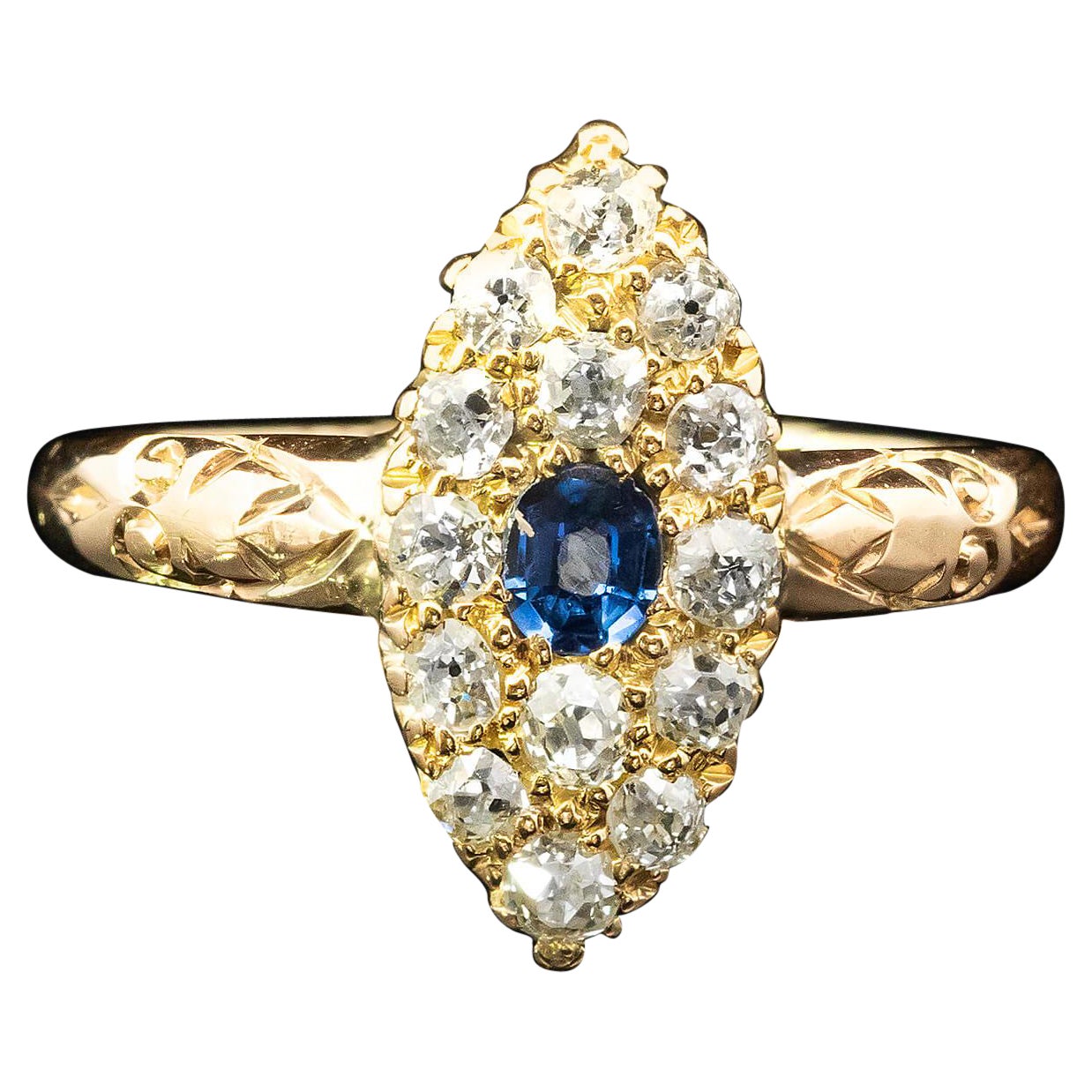 Edwardian Sapphire & Diamond Marquise Cluster Ring Circa 1900s For Sale