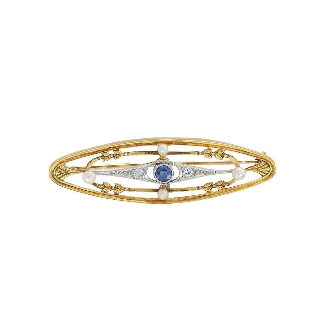 Edwardian sapphire diamond pearl gold and platinum bar brooch circa 1910.  Clear and concise information you want to know is listed below.  Contact us right away if you have additional questions.  We are here to connect you with beautiful and