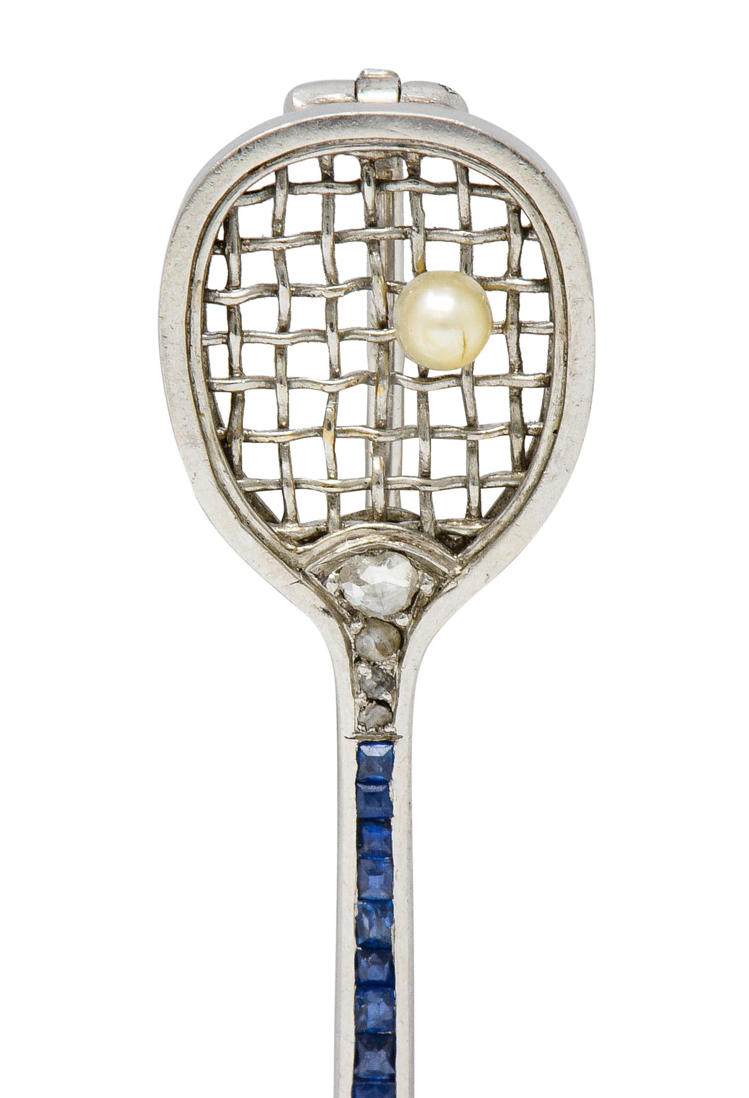 Edwardian Sapphire Diamond Pearl Platinum Tennis Racket Brooch 1
