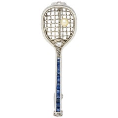 Antique Edwardian Sapphire Diamond Pearl Platinum Tennis Racket Brooch