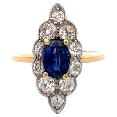 Edwardian Sapphire Diamond Platinum 14k Yellow Gold Navette Dinner Ring