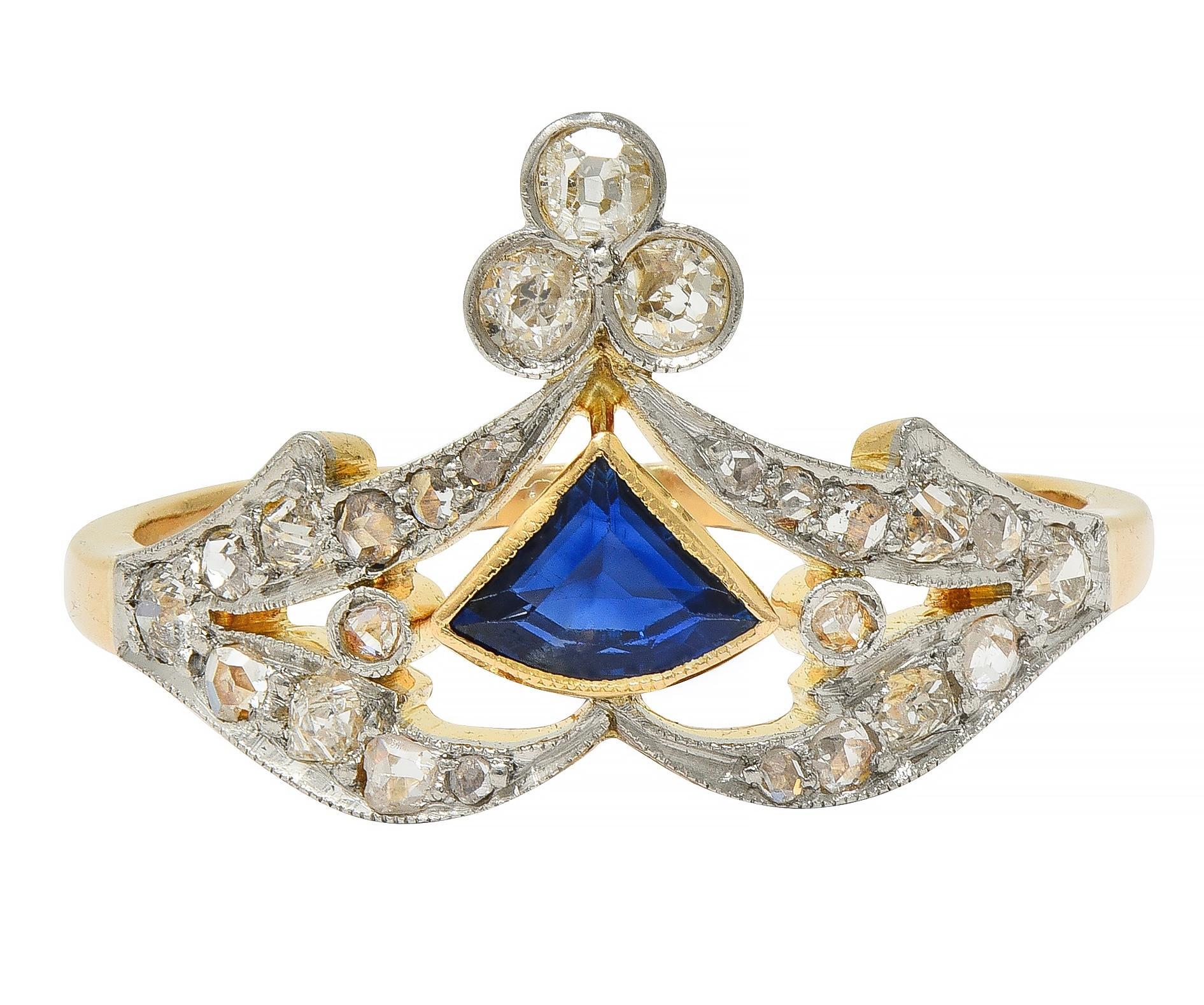 Edwardian Sapphire Diamond Platinum 18 Karat Yellow Gold Antique Tiara Ring For Sale