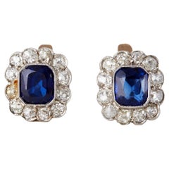 Edwardian Sapphire Diamond Platinum 18k Gold Cluster Earrings