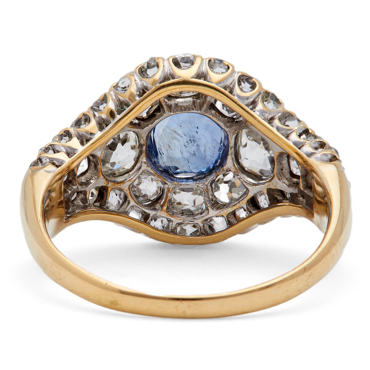 Women's or Men's Edwardian Sapphire Diamond Platinum 18k Yellow Gold Cluster Ring