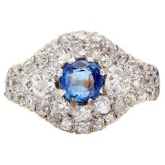 Edwardian Sapphire Diamond Platinum 18k Yellow Gold Cluster Ring