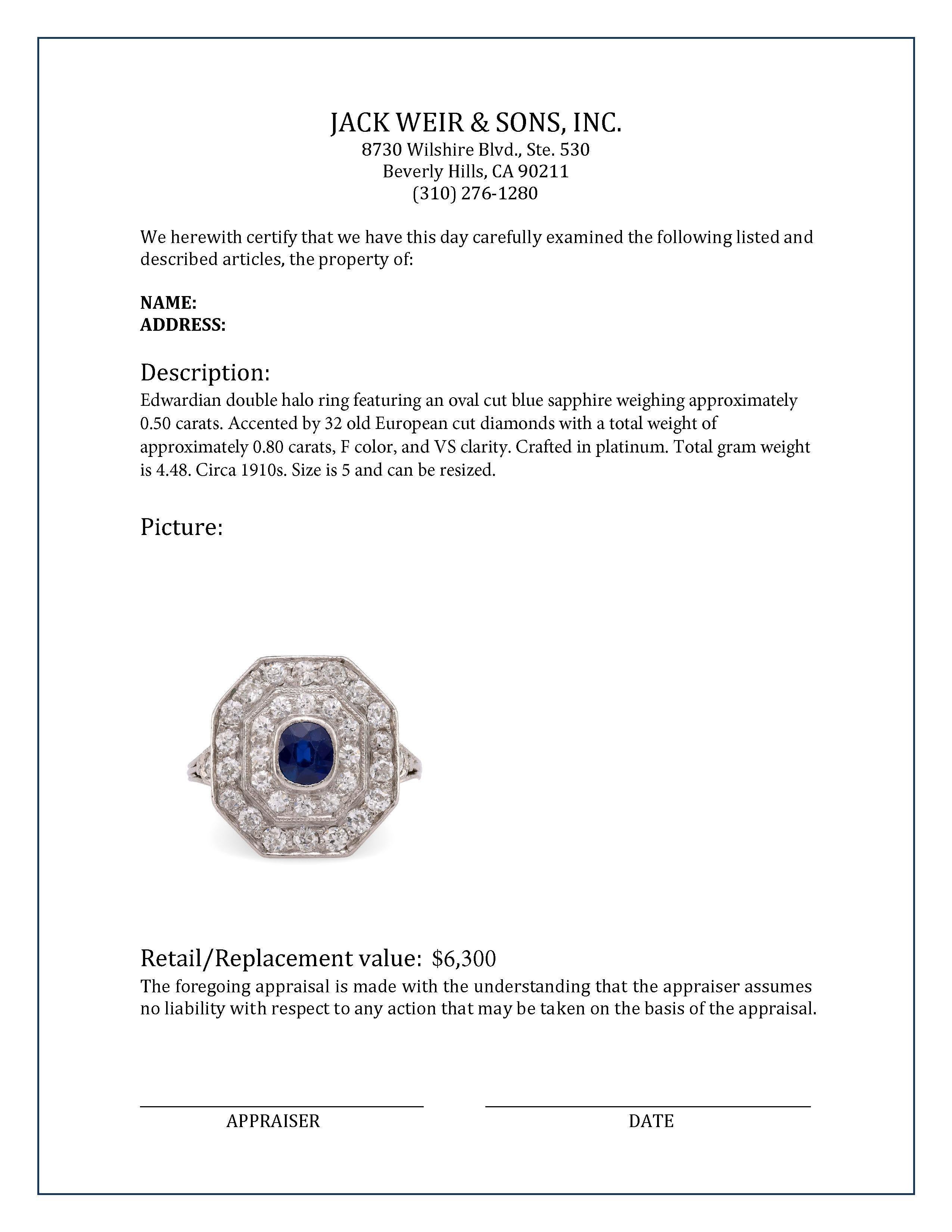 Edwardianischer Saphir-Diamant-Platin-Doppelhalo-Ring für Damen oder Herren