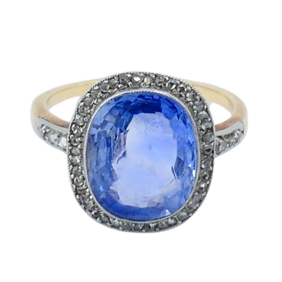 Taglio cuscino Anello edoardiano in oro platino con zaffiro e diamante in vendita