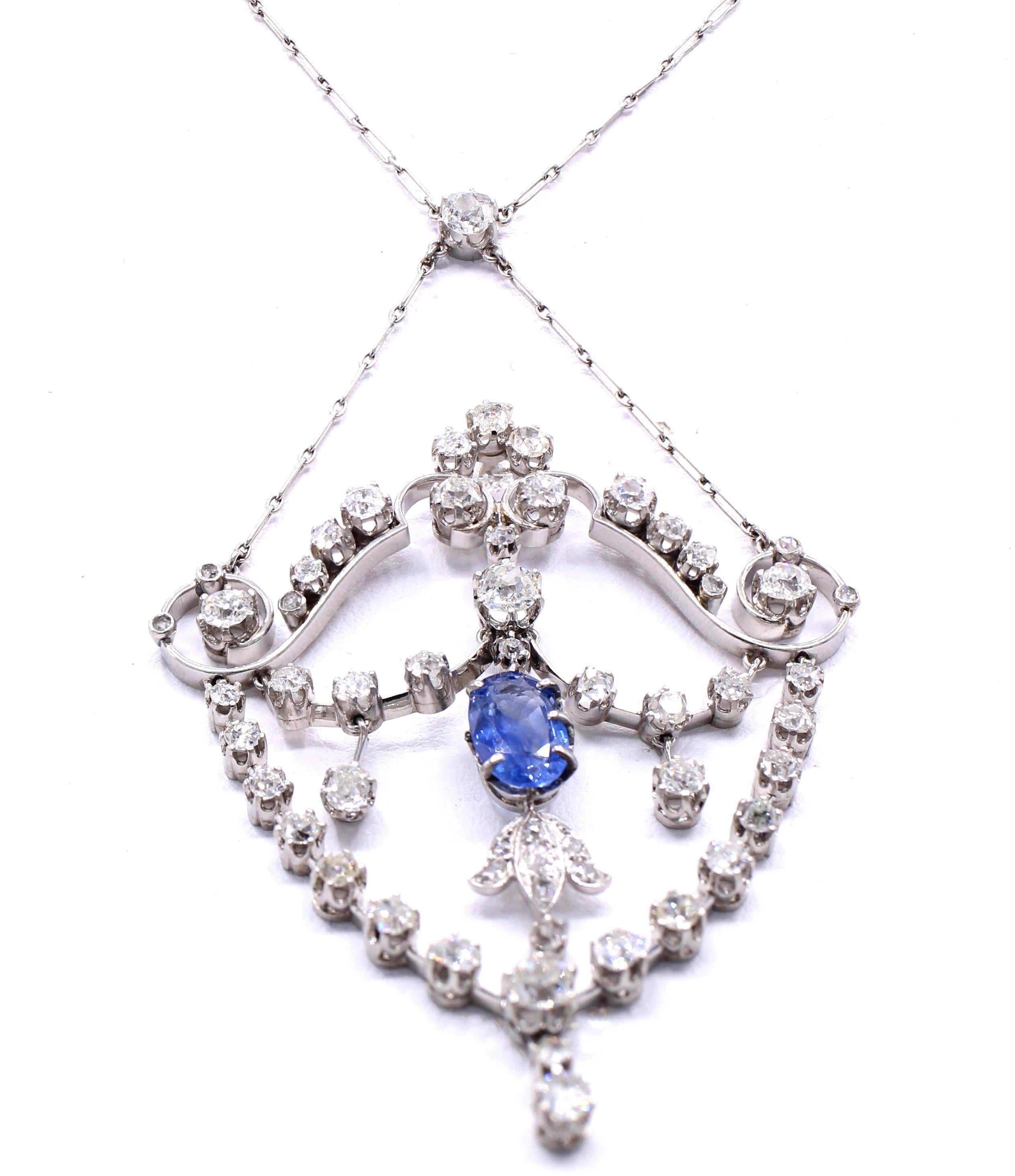 Édouardien Collier pendentif édouardien en saphir et diamant en platine en vente