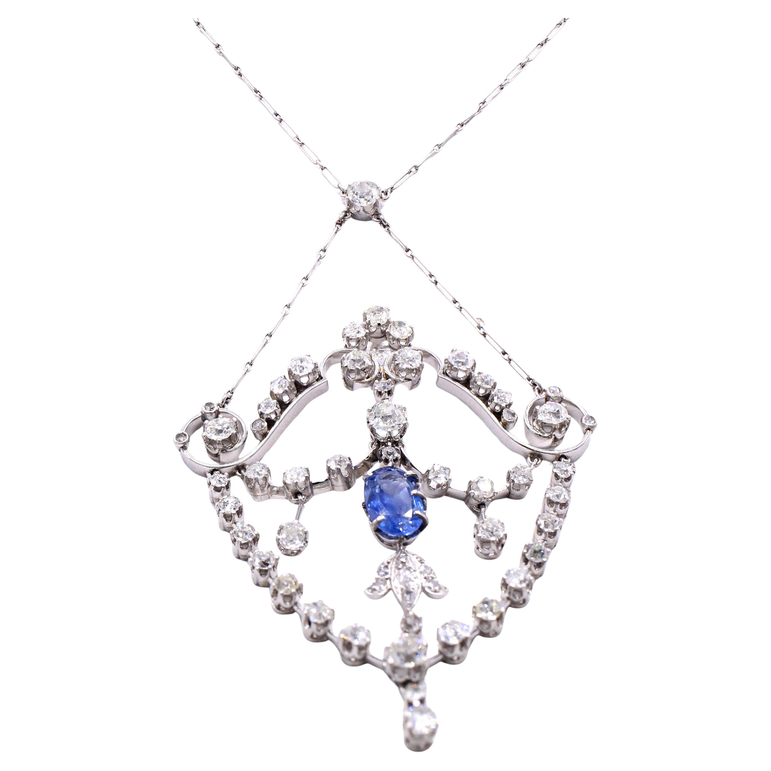 Edwardian Sapphire Diamond Platinum Pendant Necklace