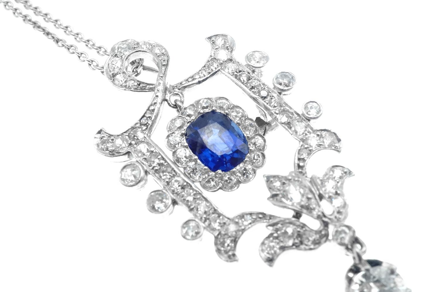Modern Edwardian Sapphire Diamond Platinum Pendant or Brooch For Sale
