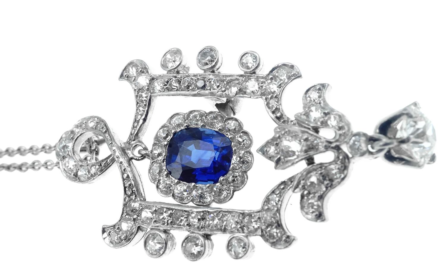 Women's Edwardian Sapphire Diamond Platinum Pendant or Brooch For Sale