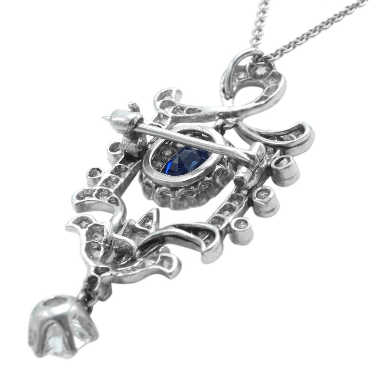 Edwardian Sapphire Diamond Platinum Pendant or Brooch For Sale 1