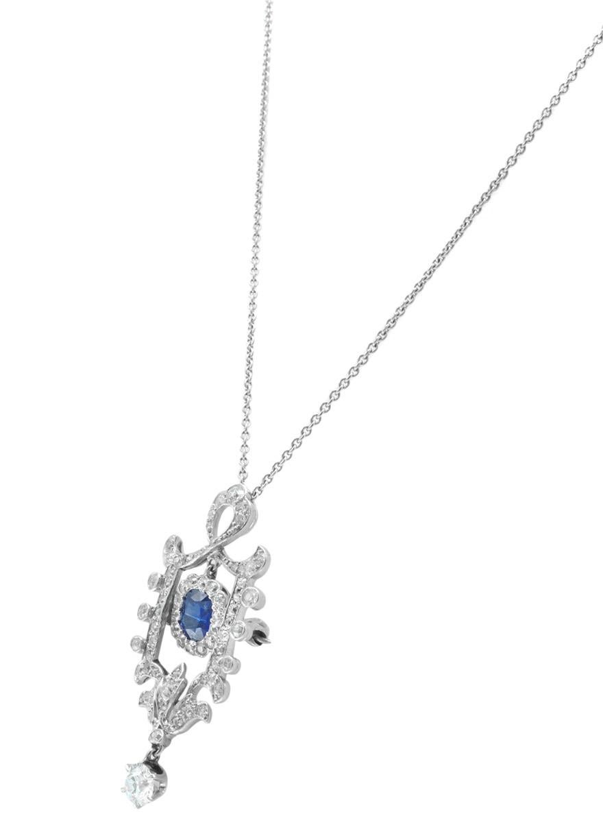 Edwardian Sapphire Diamond Platinum Pendant or Brooch For Sale 2