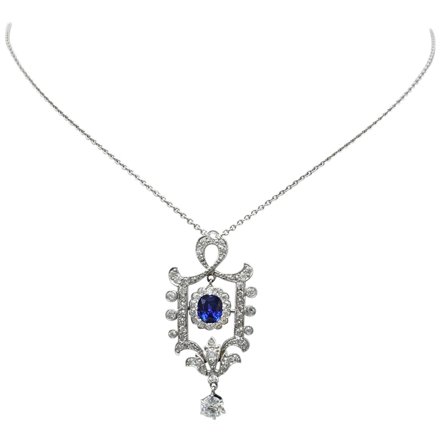Edwardian Sapphire Diamond Platinum Pendant or Brooch For Sale