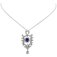 Edwardian Sapphire Diamond Platinum Pendant or Brooch