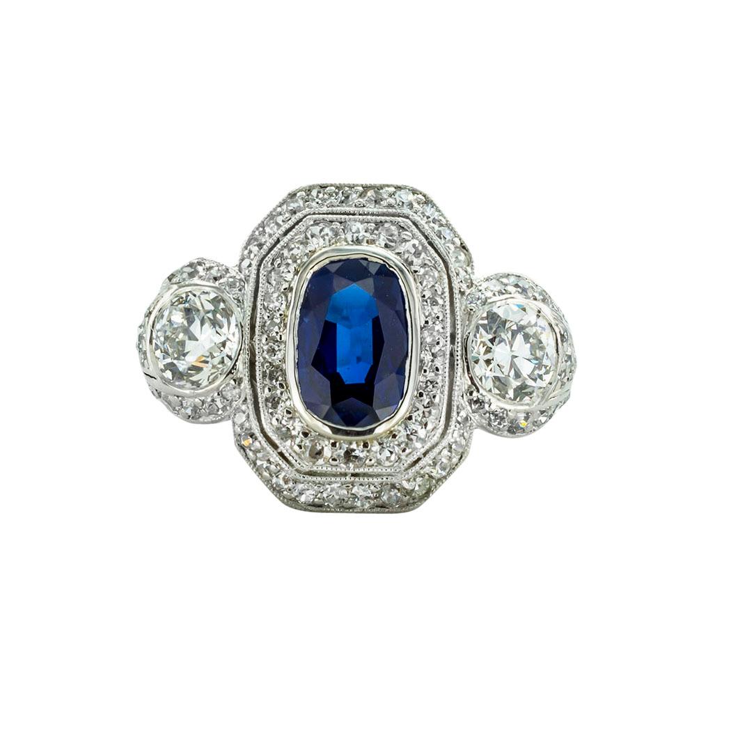 Oval Cut Edwardian Sapphire Diamond Platinum Ring For Sale