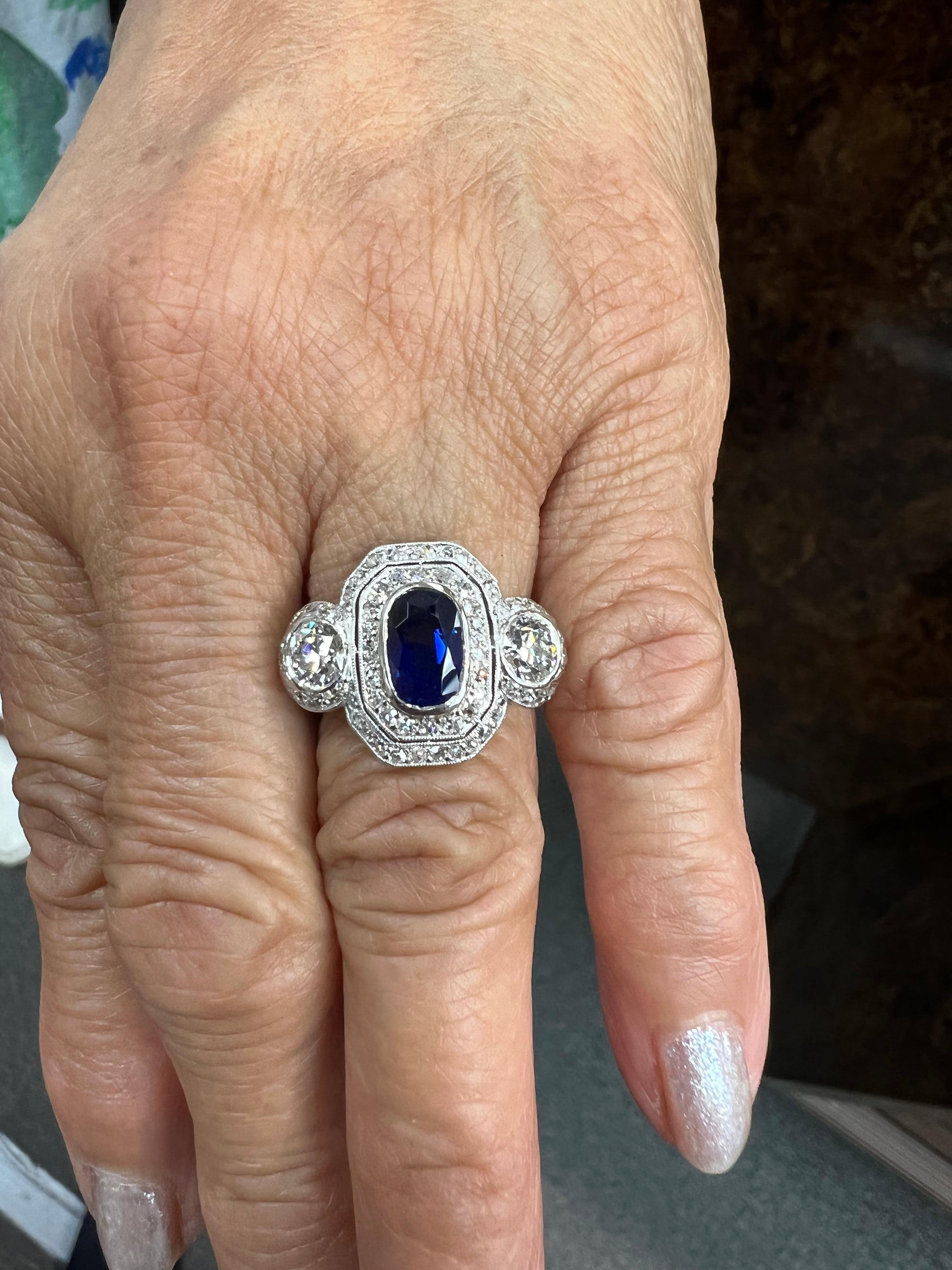 Edwardian Sapphire Diamond Platinum Ring For Sale 1