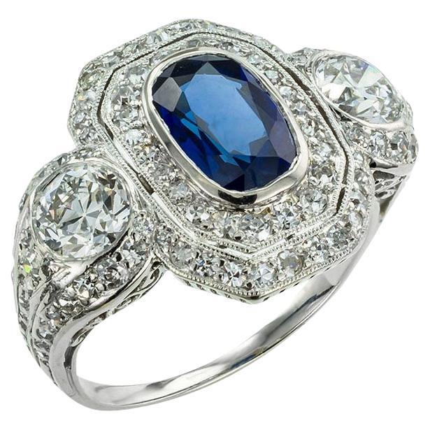 Edwardian Sapphire Diamond Platinum Ring For Sale
