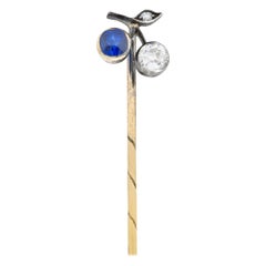 Edwardian Sapphire Diamond Platinum-Topped 14 Karat Gold Cherry Stickpin