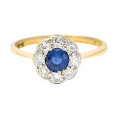 Edwardian Sapphire Diamond Platinum-Topped 19 Karat Gold Cluster Ring