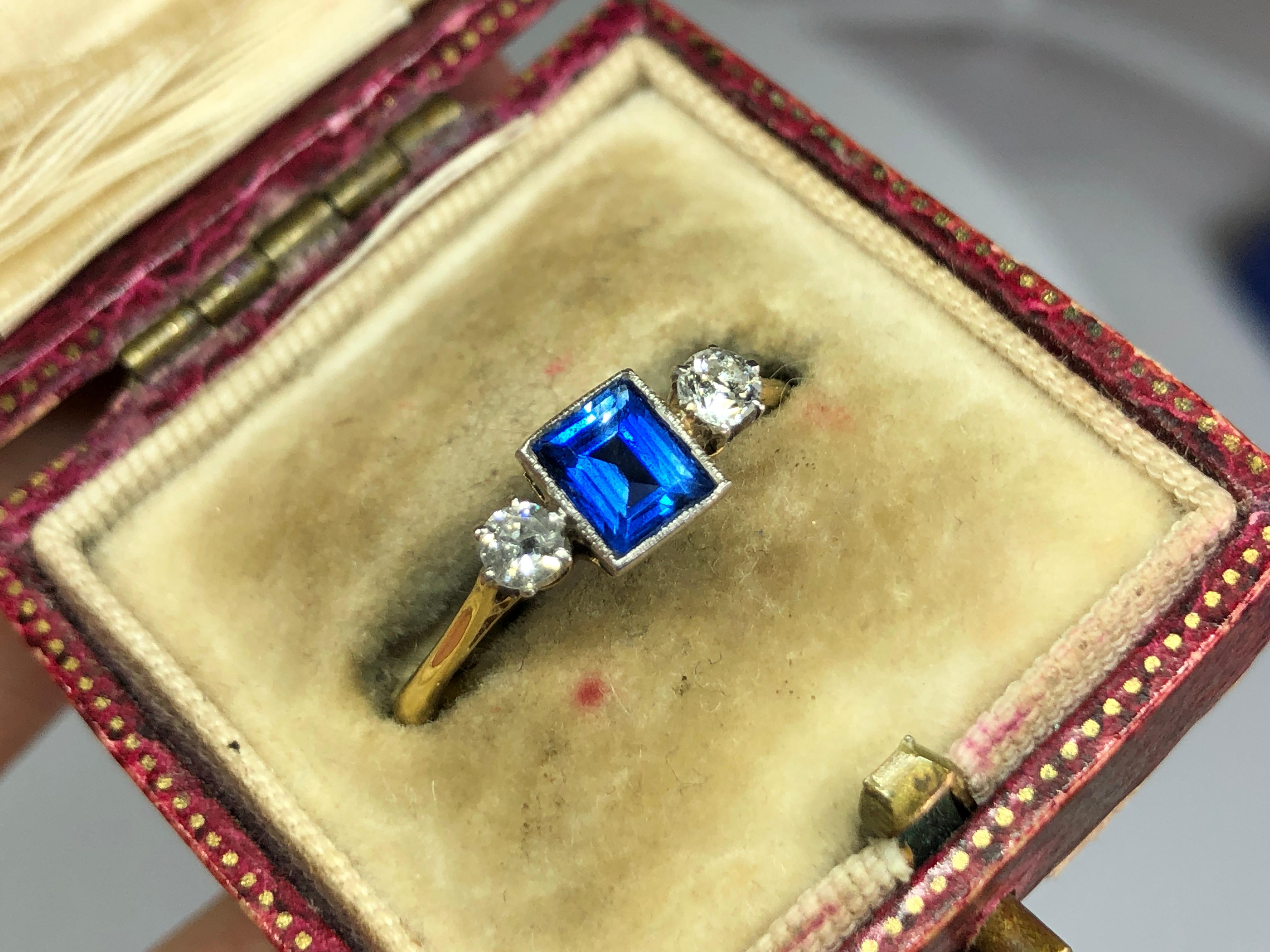 Square Cut Edwardian Sapphire and Diamond Three-Stone Ring