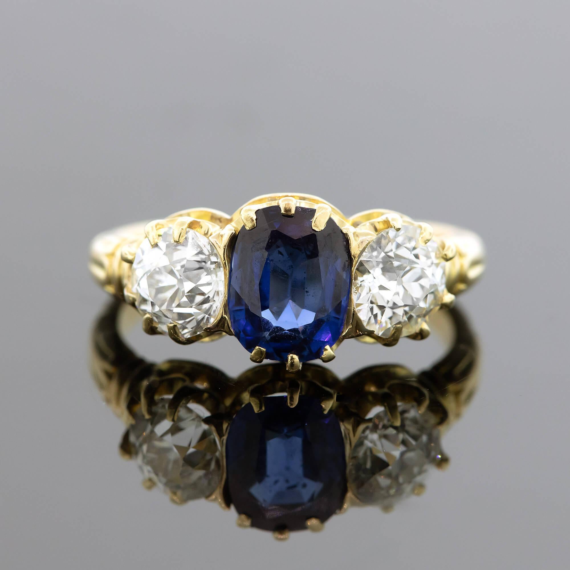Old European Cut Edwardian Sapphire & Diamond Three Stone Ring For Sale