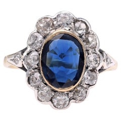 Antique Edwardian Sapphire Diamond Yellow Gold Cluster Ring