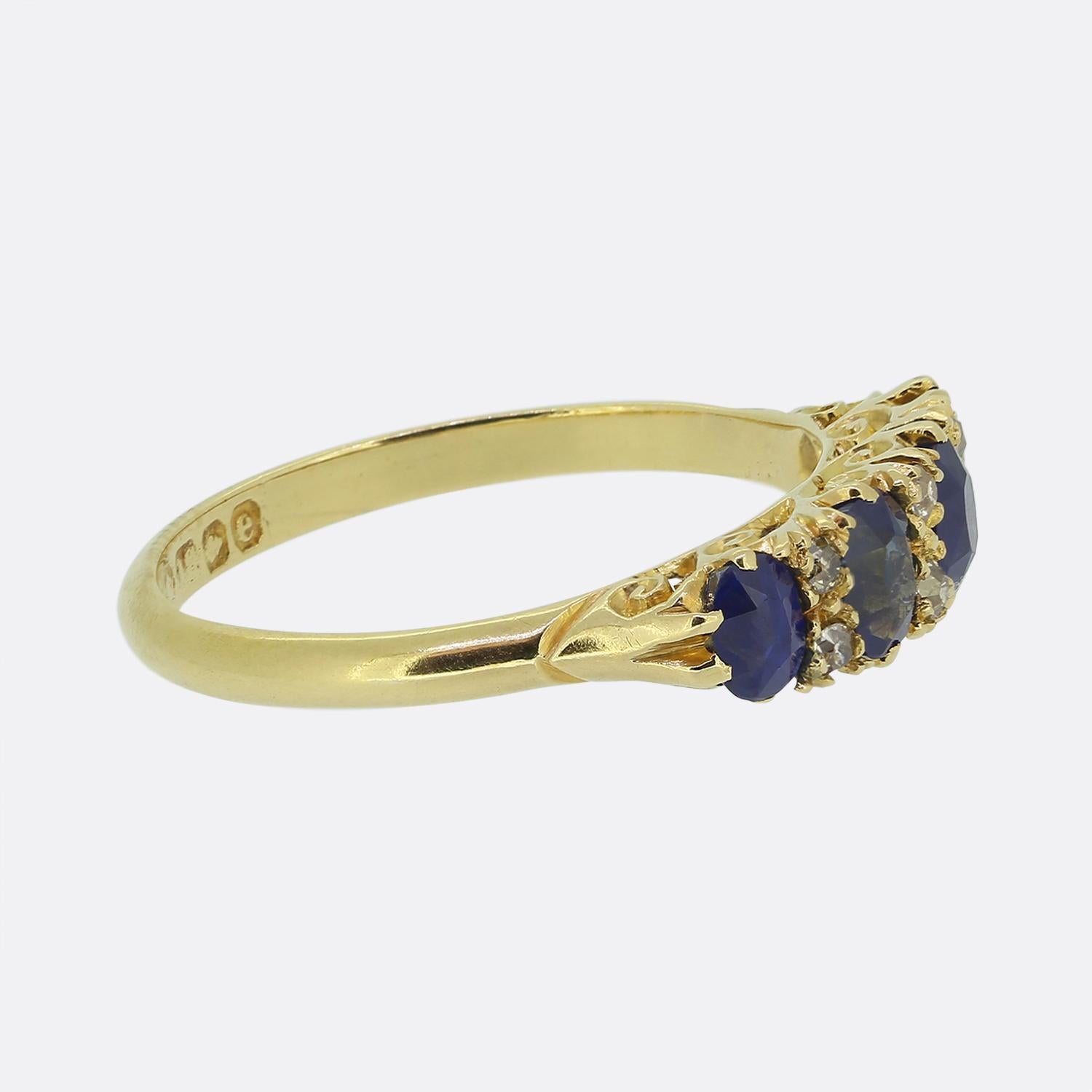 Old Mine Cut Edwardian Sapphire Four-Stone and Diamond Ring For Sale