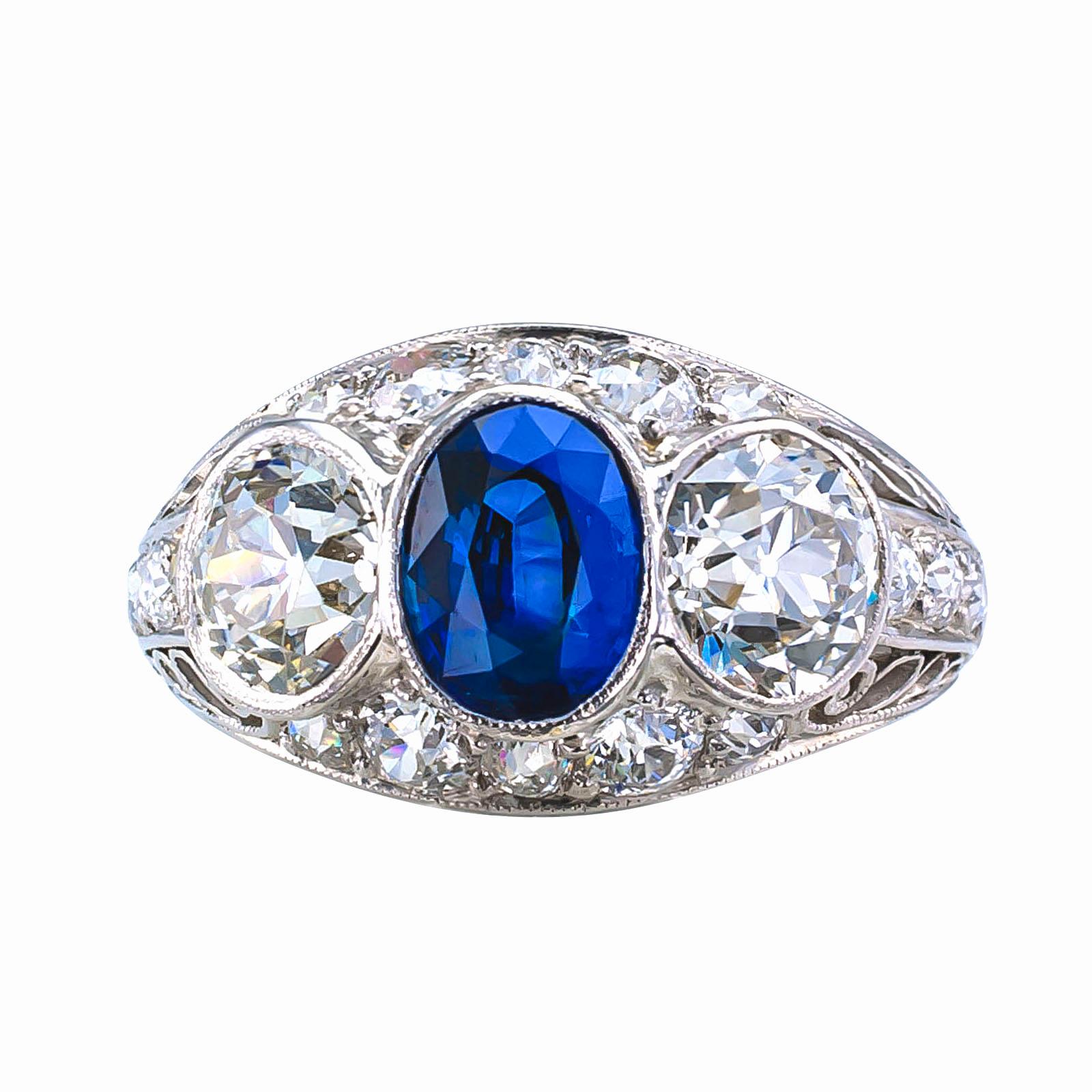 Women's Edwardian Sapphire Old European Cut Diamond Three-Stone Platinum Ring