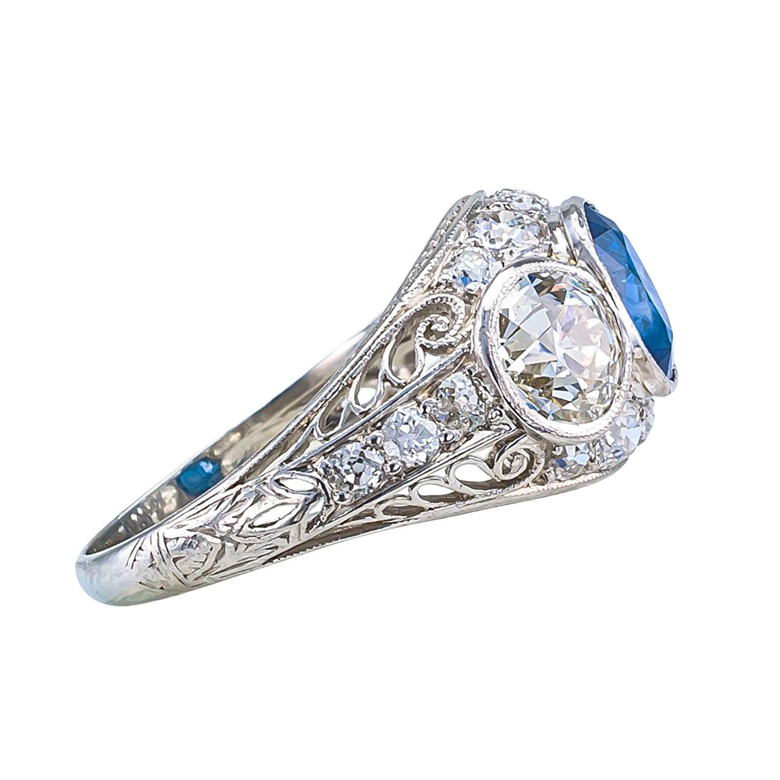 Edwardian Sapphire Old European Cut Diamond Three-Stone Platinum Ring 1