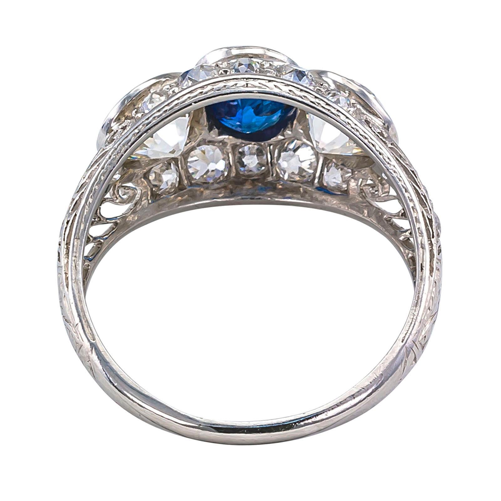 Edwardian Sapphire Old European Cut Diamond Three-Stone Platinum Ring 2