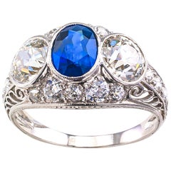 Edwardian Sapphire Old European Cut Diamond Three-Stone Platinum Ring