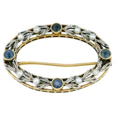 Edwardian Sapphire Pearl Brooch 14K and Platinum
