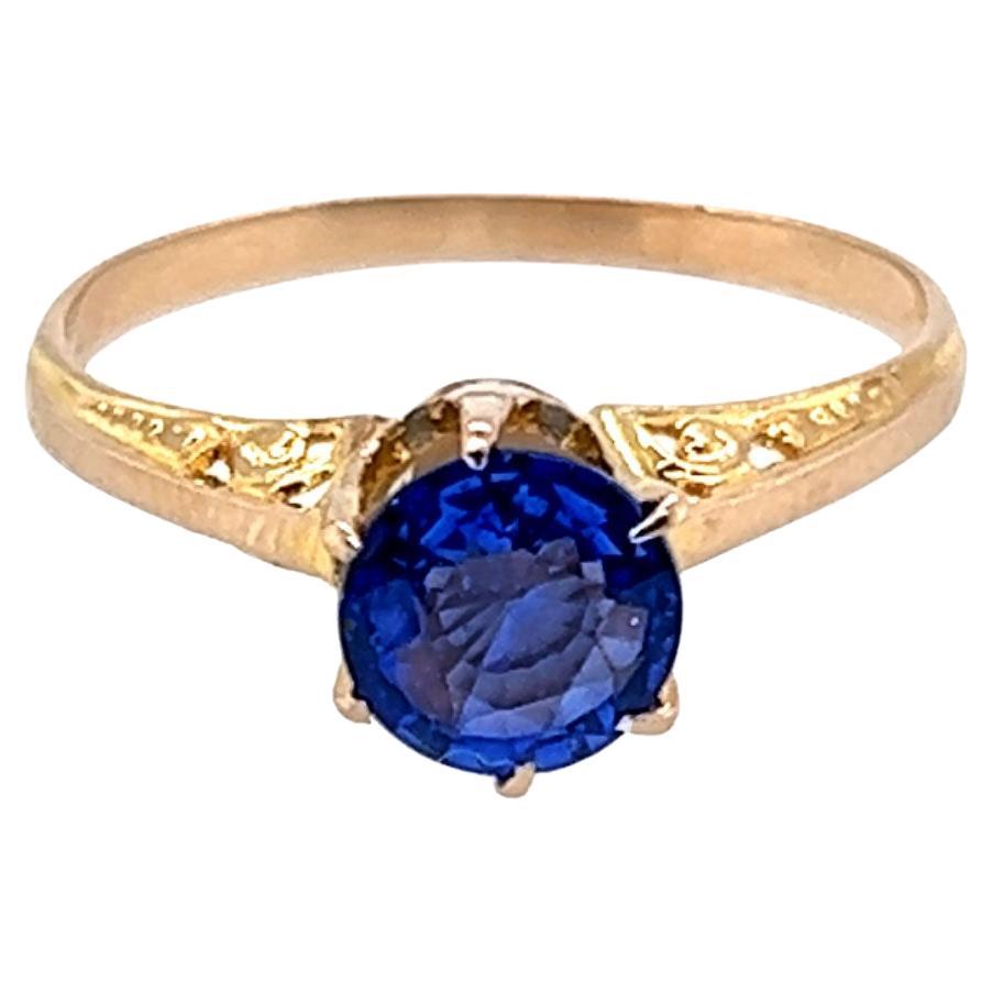 Edwardian Sapphire Ring 1.25ct Round Solitaire Original 1900s Antique Yellow Go For Sale