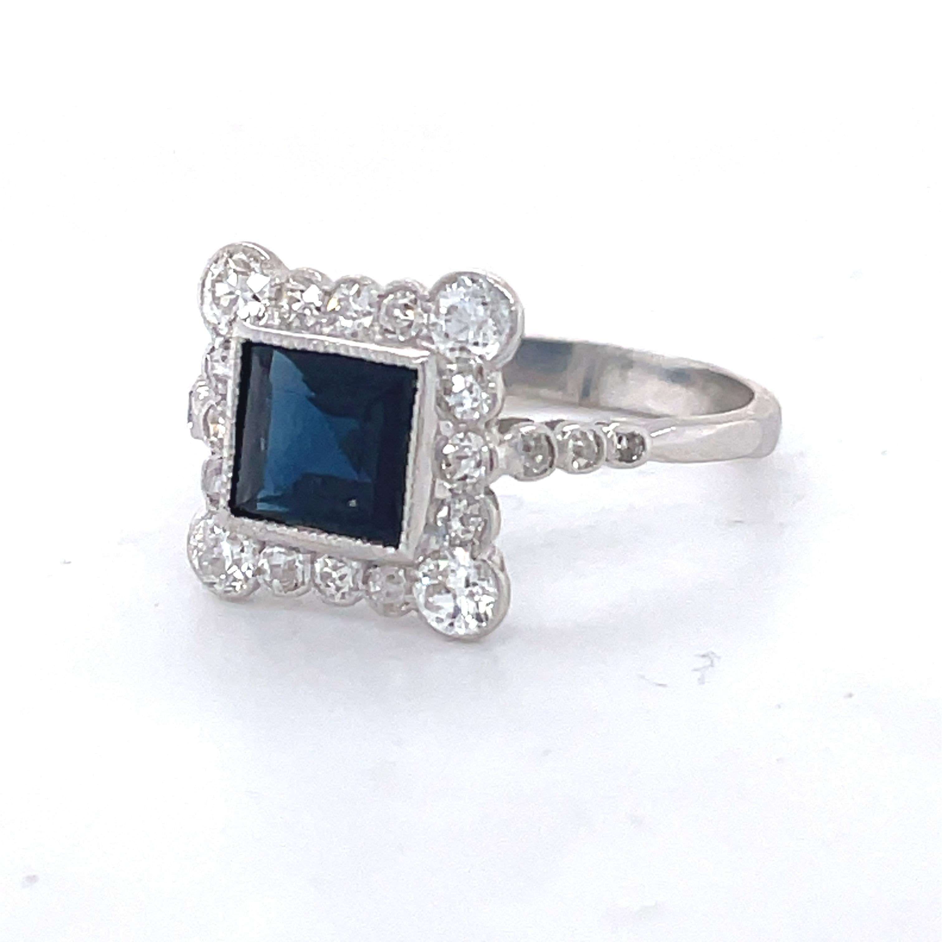 Emerald Cut Edwardian Sapphire Ring, 1.5ct Square Emerald Sapphire, 1ct Old cut diamond, 18K