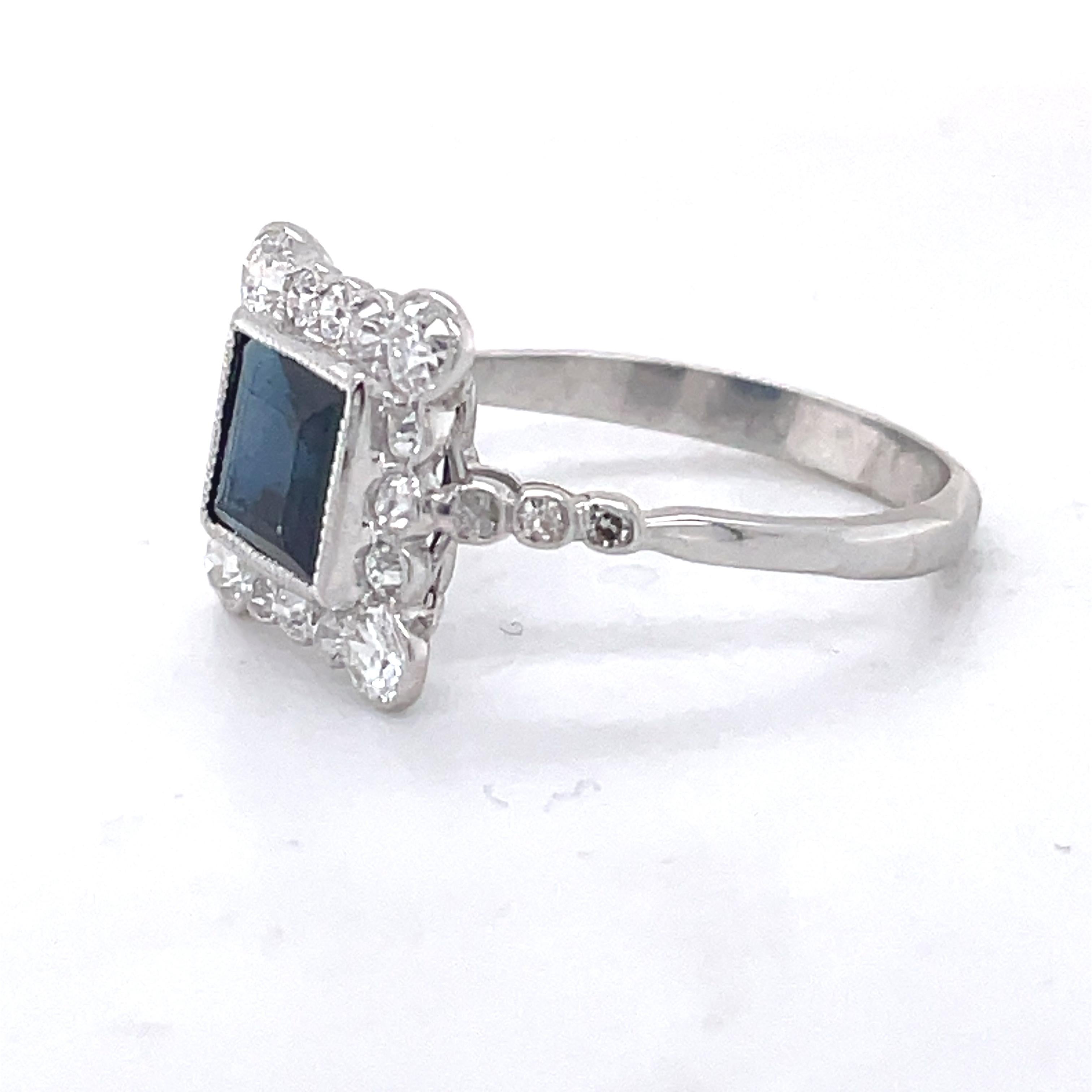 Edwardian Sapphire Ring, 1.5ct Square Emerald Sapphire, 1ct Old cut diamond, 18K In Good Condition In Ramat Gan, IL