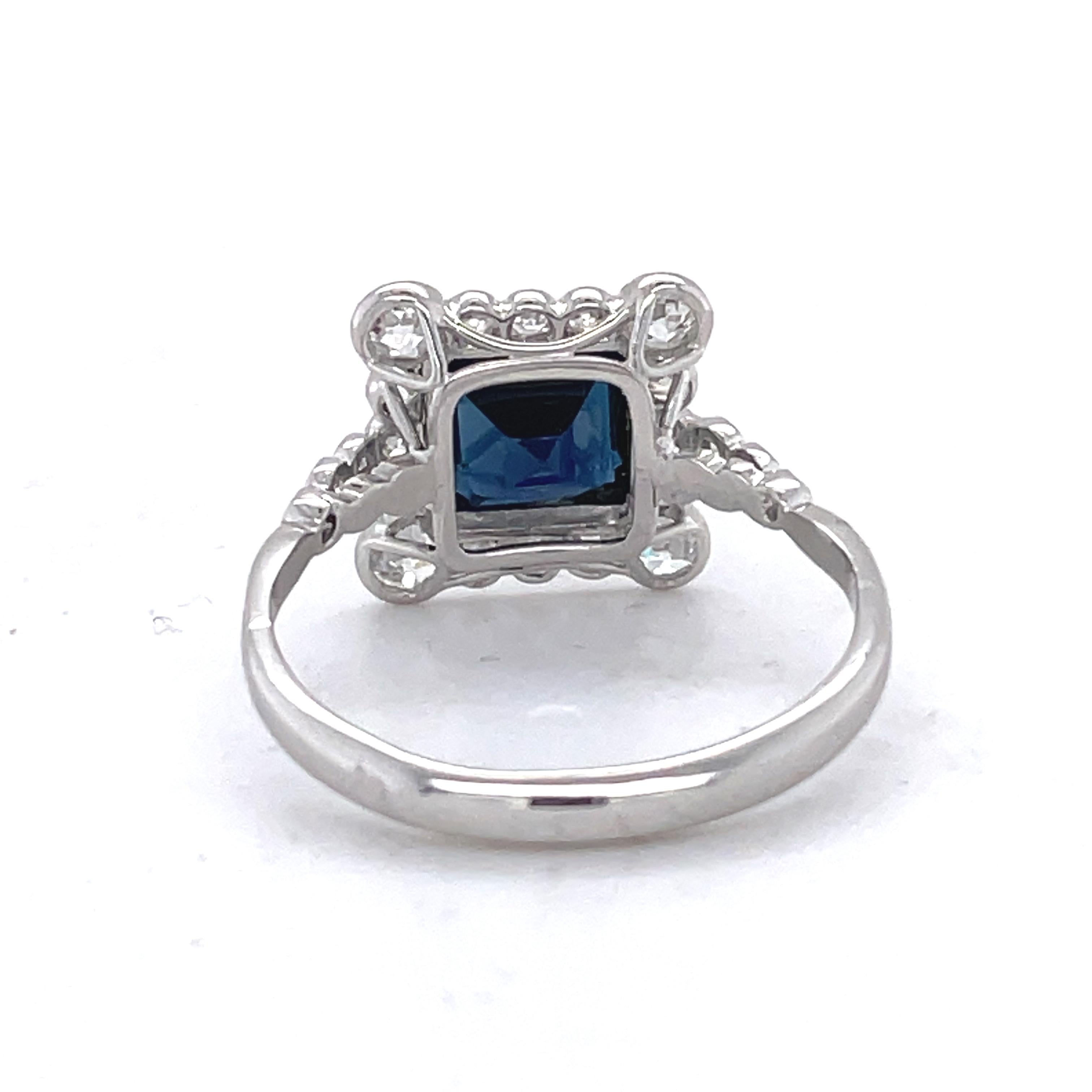Edwardian Sapphire Ring, 1.5ct Square Emerald Sapphire, 1ct Old cut diamond, 18K 1