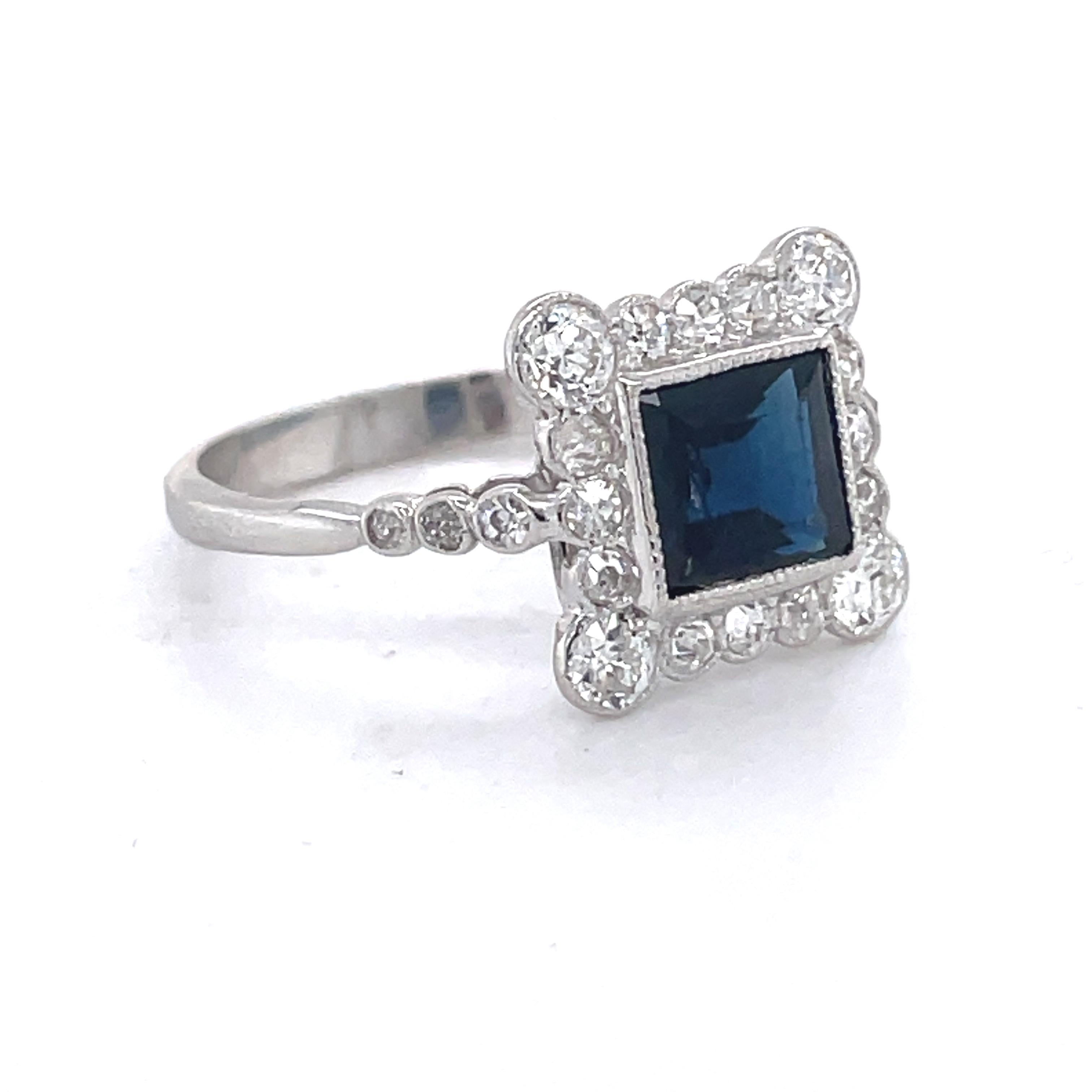 Edwardian Sapphire Ring, 1.5ct Square Emerald Sapphire, 1ct Old cut diamond, 18K 3