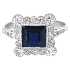 Edwardian Sapphire Ring, 1.5ct Square Emerald Sapphire, 1ct Old cut diamond, 18K