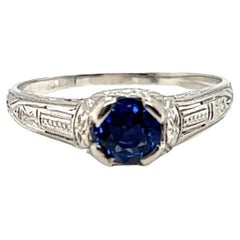 Edwardian Sapphire Ring .70ct Round Natural Original 1910's Antique Flowers Plat