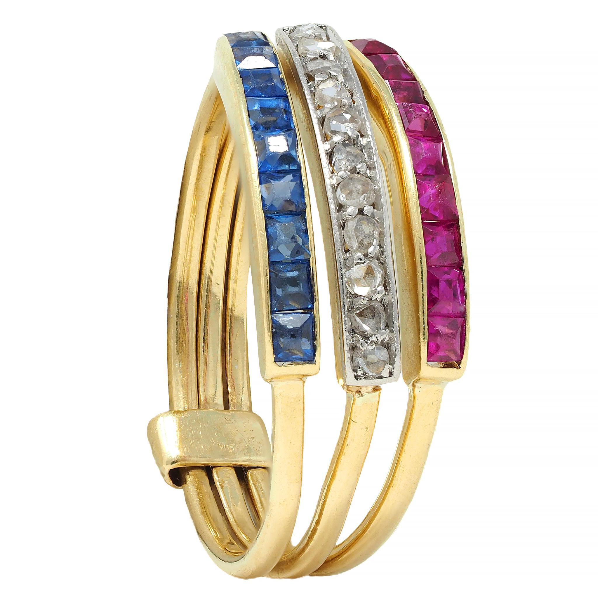 Edwardian Sapphire Ruby Diamond Platinum 18K Gold Antique Harem Flip Ring 6