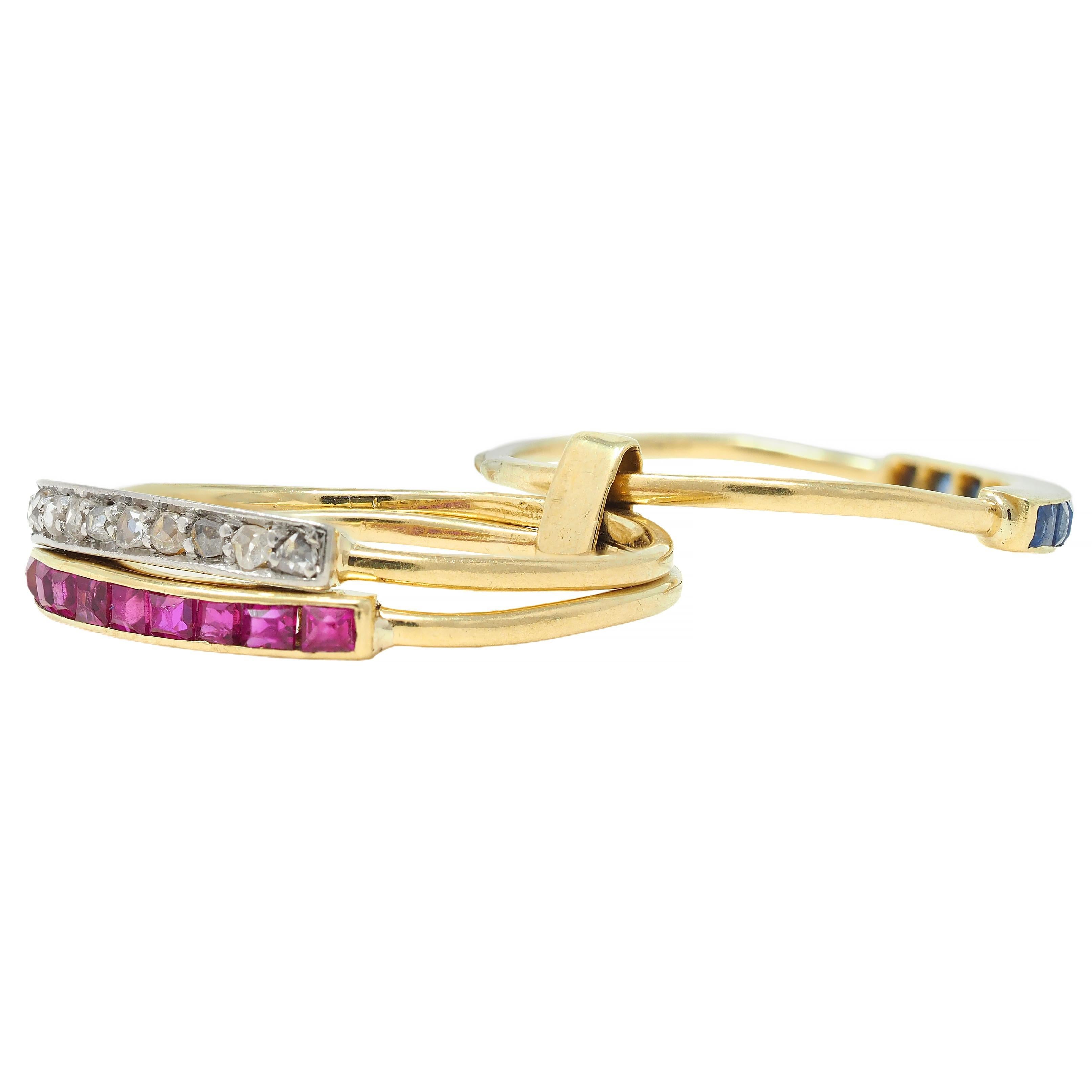 Edwardian Sapphire Ruby Diamond Platinum 18K Gold Antique Harem Flip Ring 7