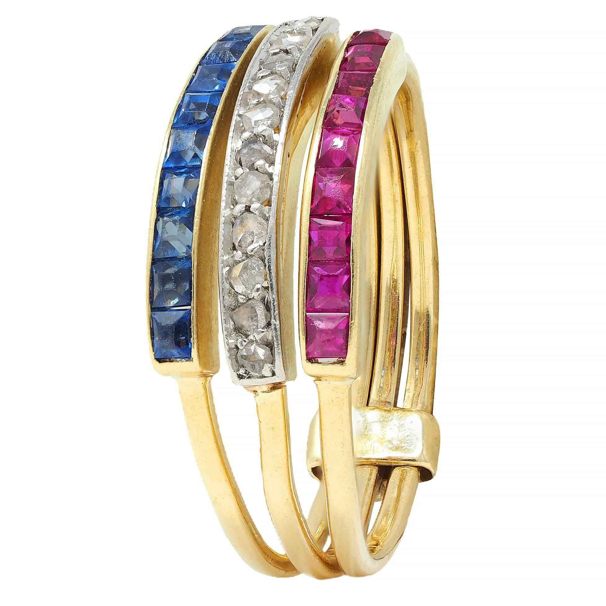 Edwardian Sapphire Ruby Diamond Platinum 18K Gold Antique Harem Flip Ring 3