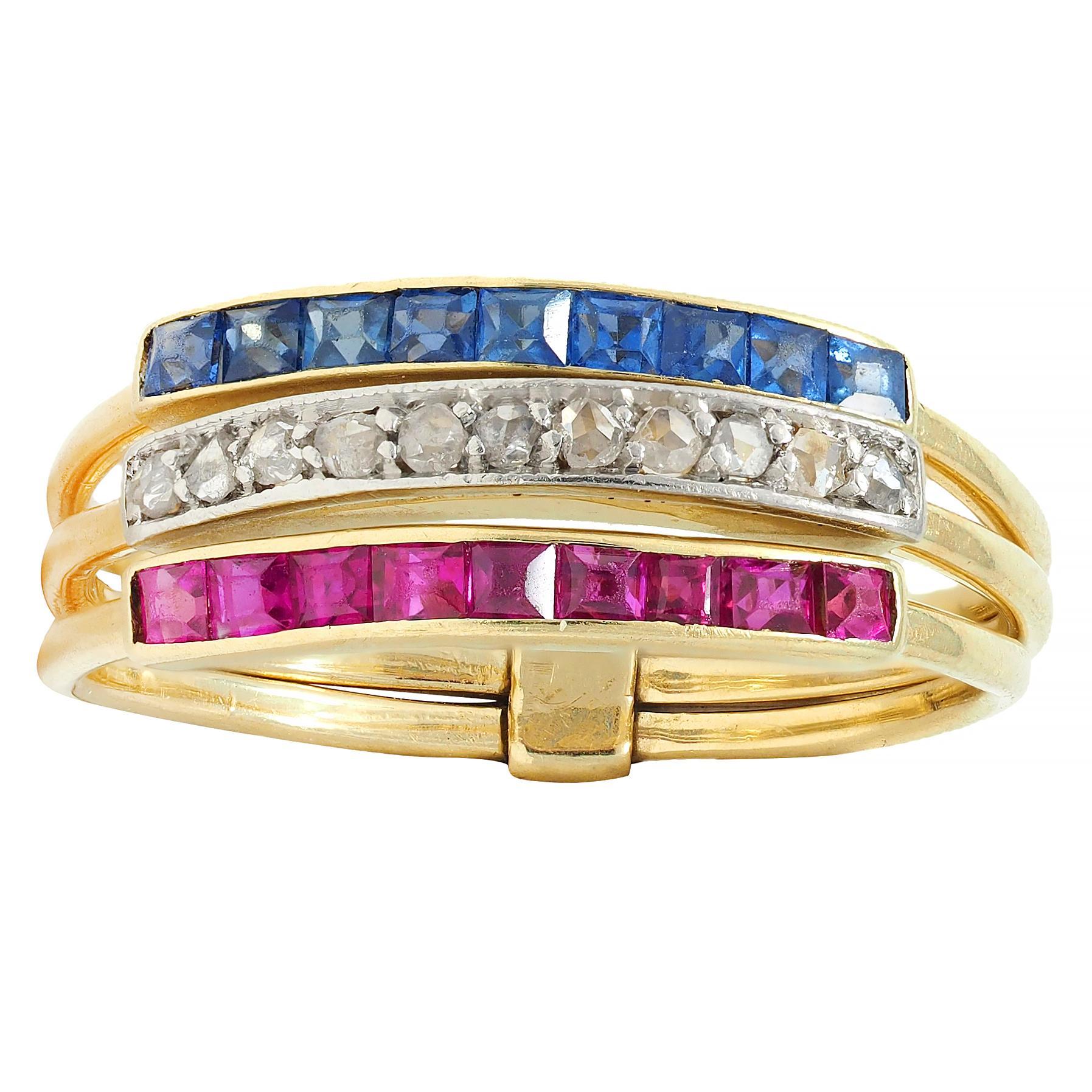 Edwardian Sapphire Ruby Diamond Platinum 18K Gold Antique Harem Flip Ring 4