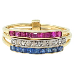 Edwardian Sapphire Ruby Diamond Platinum 18K Gold Antique Harem Flip Ring