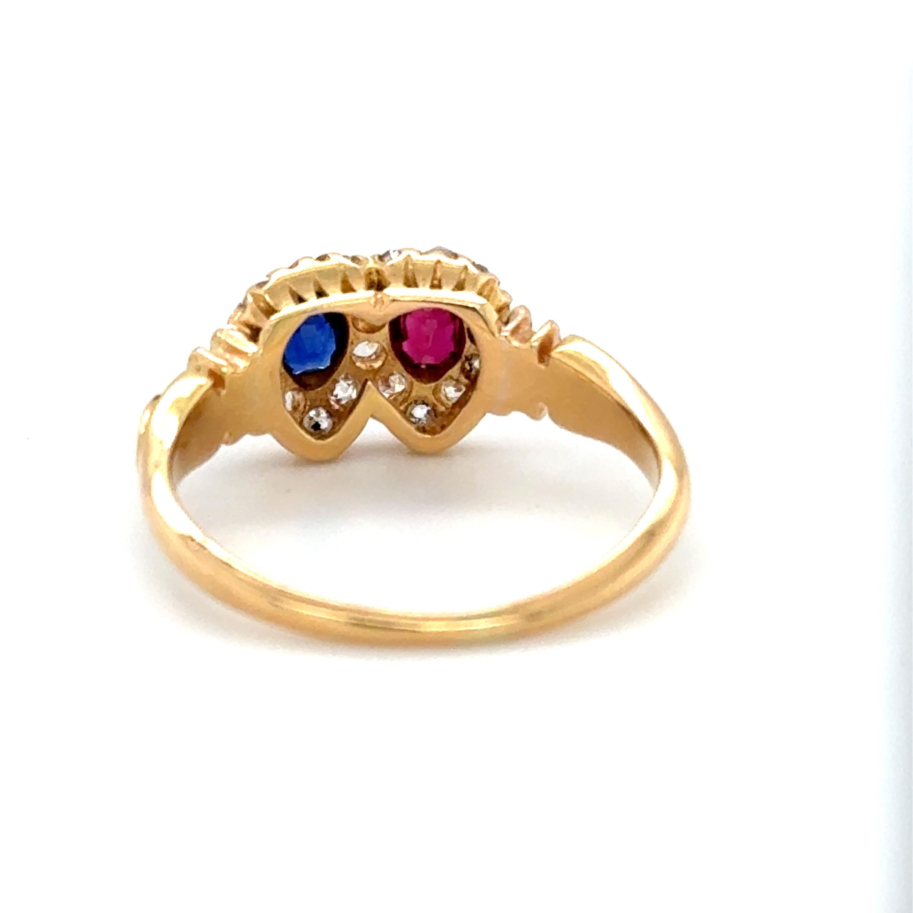 Bague édouardienne en or jaune 18 carats saphir rubis diamant Toi et Moi Cluster en vente 9
