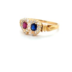 Edwardian Sapphire Ruby Old Cut Diamond Toi Et Moi Cluster 18k yellow gold ring